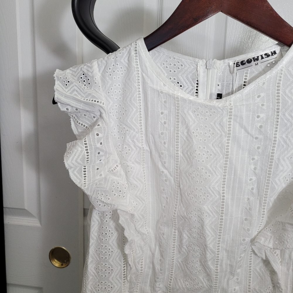 White Eyelet Flutter Sleeve Dress - Picture 3 of 4